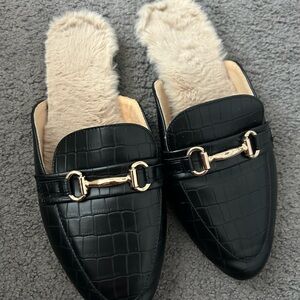 Black Croc-Embossed Loafers with Gold Detail